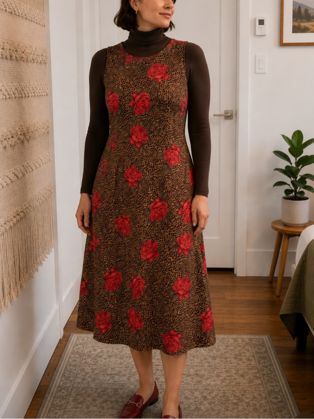 Vintage 1990s Jessica Brown Leopard Print Maxi Dress with Red Rose Motif